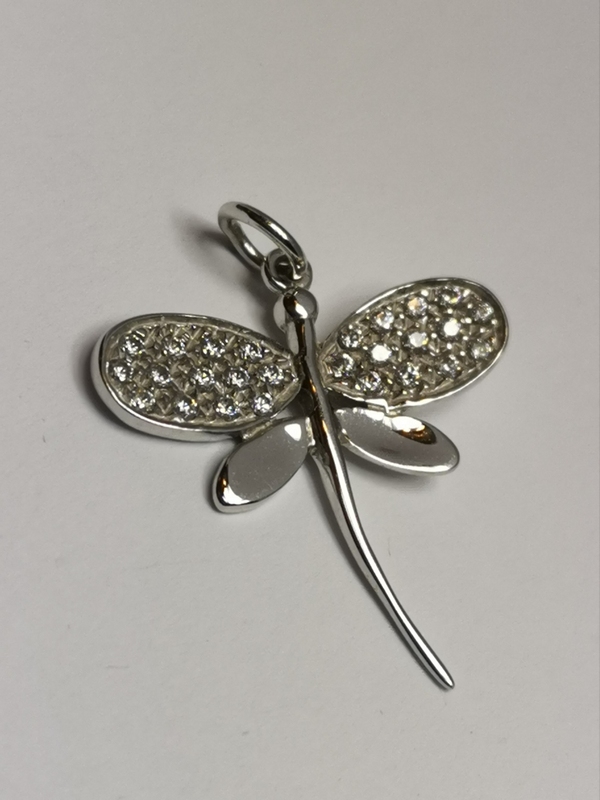 Zlatý přívěs vážka z bílého zlata s bílými zirkony