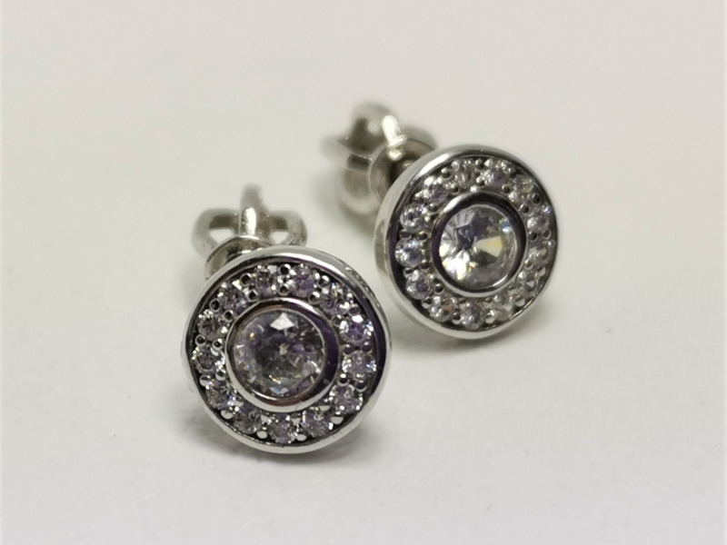 Zlaté naušnice z bílého zlata s bílými zirkony na šroubek