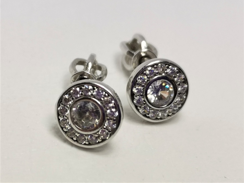 Zlaté naušnice z bílého zlata s bílými zirkony na šroubek