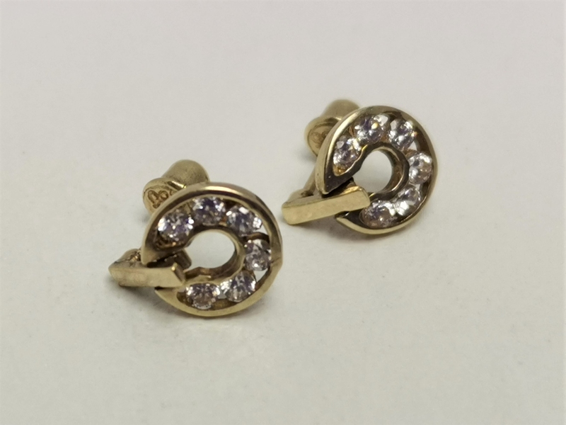 Zlaté naušnice s bílými zirkony na šroubek