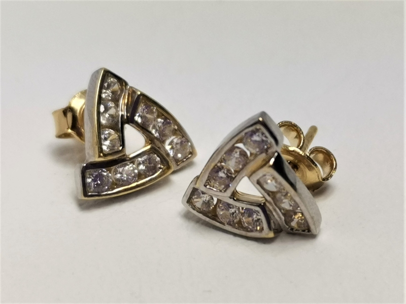 Zlaté naušnice se zirkony, kombinace bílého a žlutého zlata