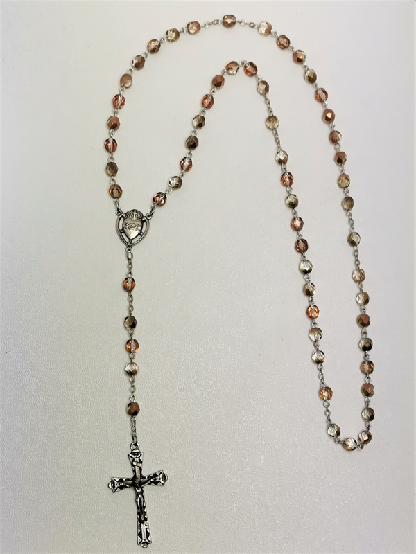 Růženec ze skleněných kuliček, oranžovobéžovobílý