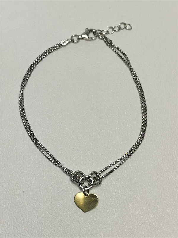 Stříbrný náramek se zlaceným srdíčkem, rhodiovaný