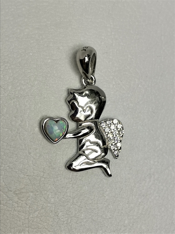 Stříbrný přívěsek anděl s opálem a zirkony, rhodiovaný