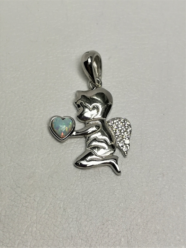 Stříbrný přívěsek anděl s opálem a zirkony, rhodiovaný