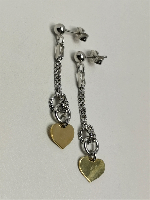 Stříbrné naušnice visací se zlaceným srdíčkem