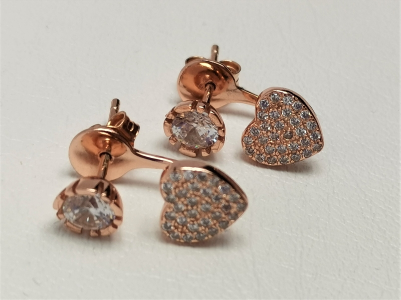 Stříbrné naušnice dvojité se zirkony, červeně zlacené