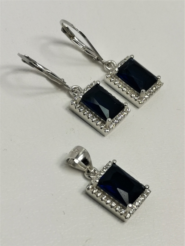 Stříbrná souprava s tmavě modrým kamenem a bílými zirkony, rhodiovaná