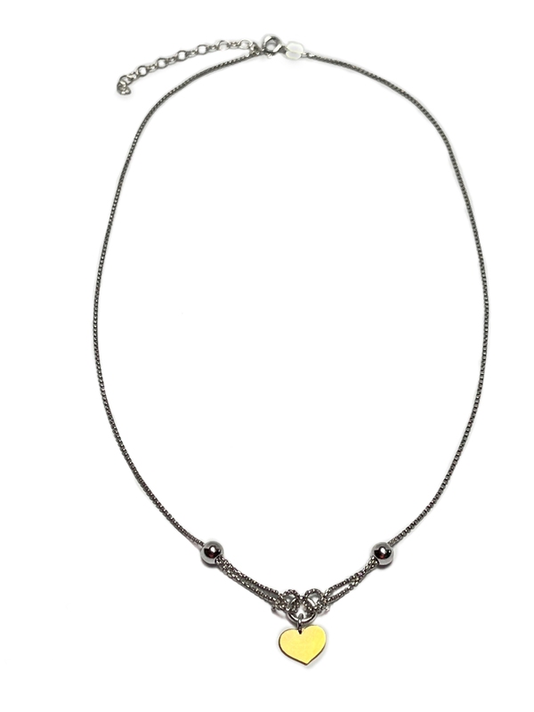 Stříbrný náhrdelník se zlaceným srdíčkem, rhodiovaný
