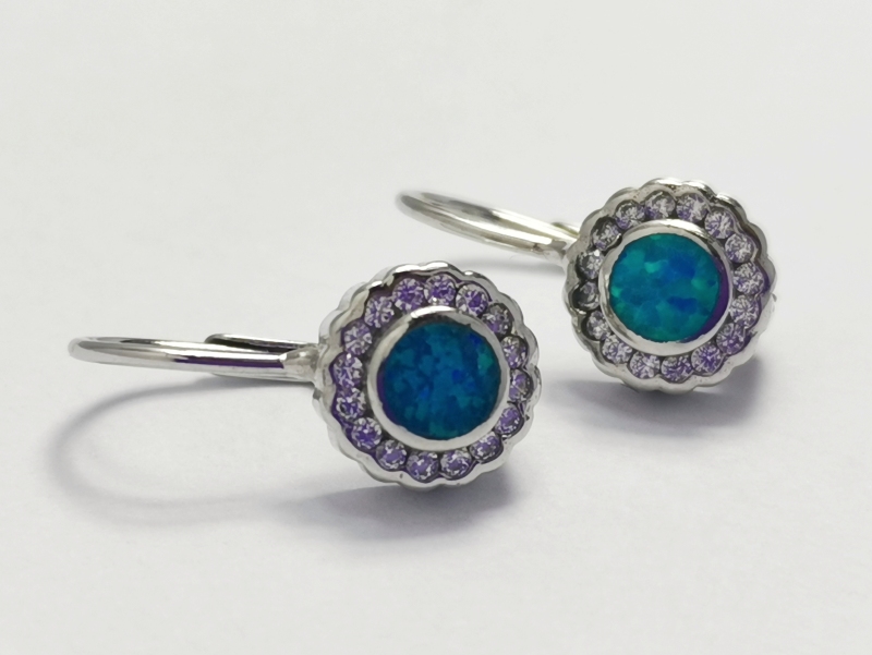 Stříbrné naušnice s modrozeleným opálem a bílými zirkony, rhodiované