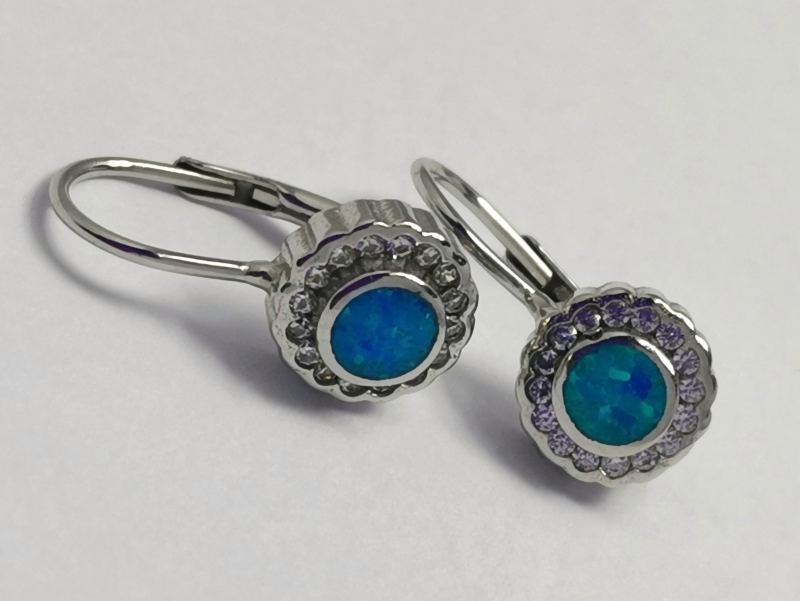 Stříbrné naušnice s modrozeleným opálem a bílými zirkony, rhodiované