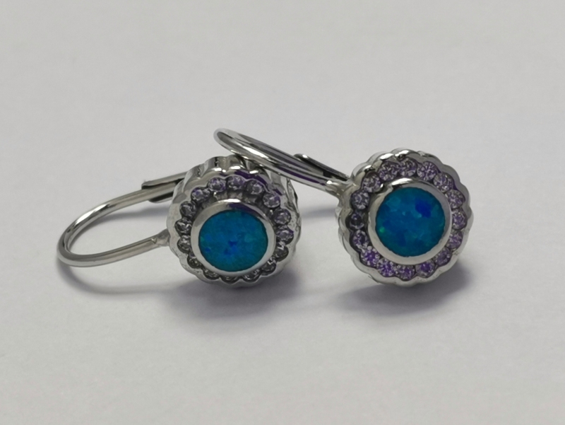 Stříbrné naušnice s modrozeleným opálem a bílými zirkony, rhodiované
