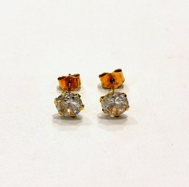 Zlaté naušnice pecky, bílý zirkon, ze žlutého zlata, na puzetu