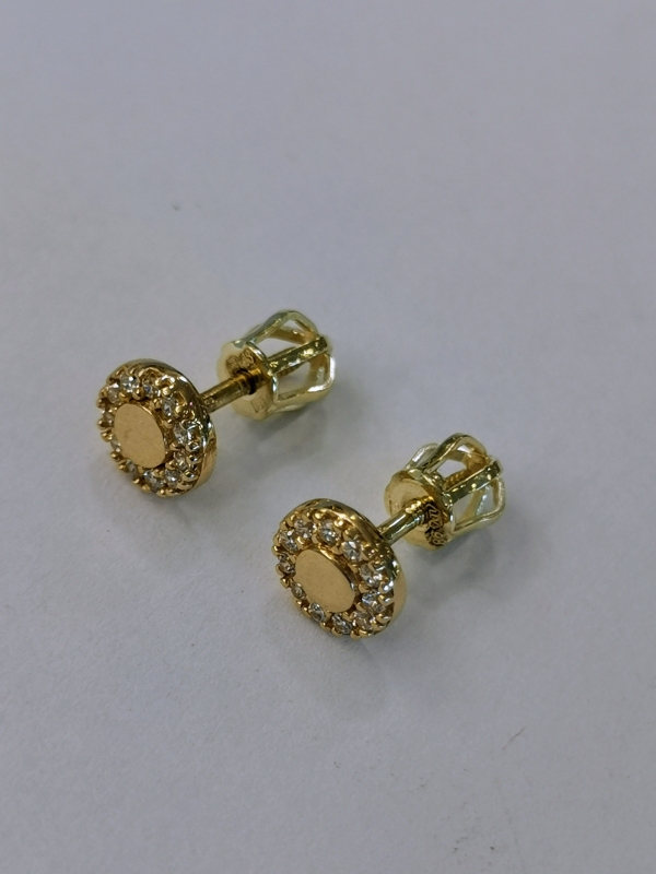 Zlaté naušnice kolečka s bílými zirkony, na šroubek