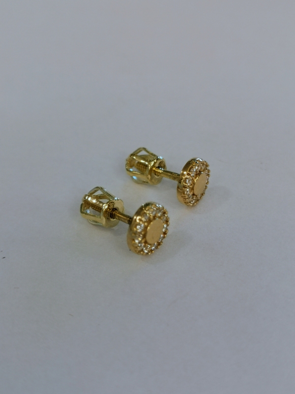 Zlaté naušnice kolečka s bílými zirkony, na šroubek