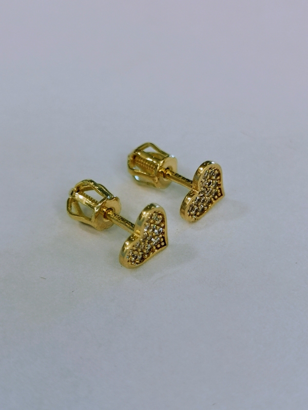 Zlaté naušnice srdíčka s bílými zirkony, na šroubek