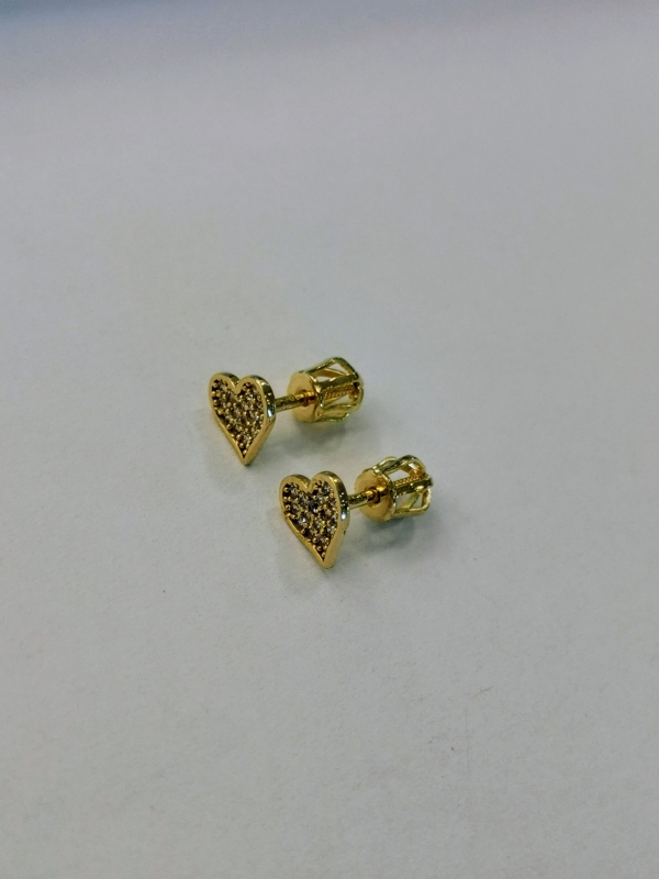 Zlaté naušnice srdíčka s bílými zirkony, na šroubek