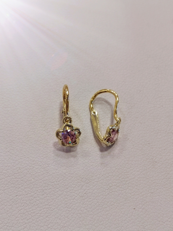 Zlaté dětské naušnice kytičky s růžovým kamínkem